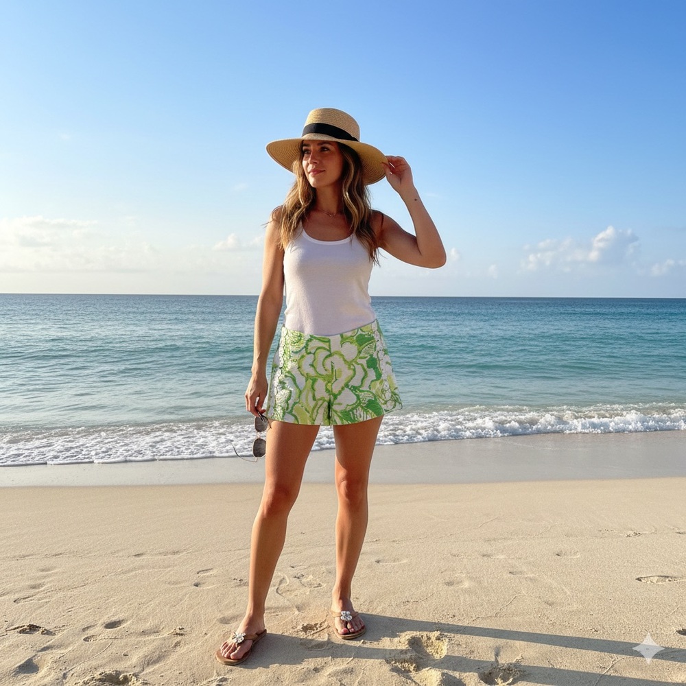 Lilly Pulitzer Sz 000 (XXS) Green and White Floral Shorts 100% Cotton Resortwear